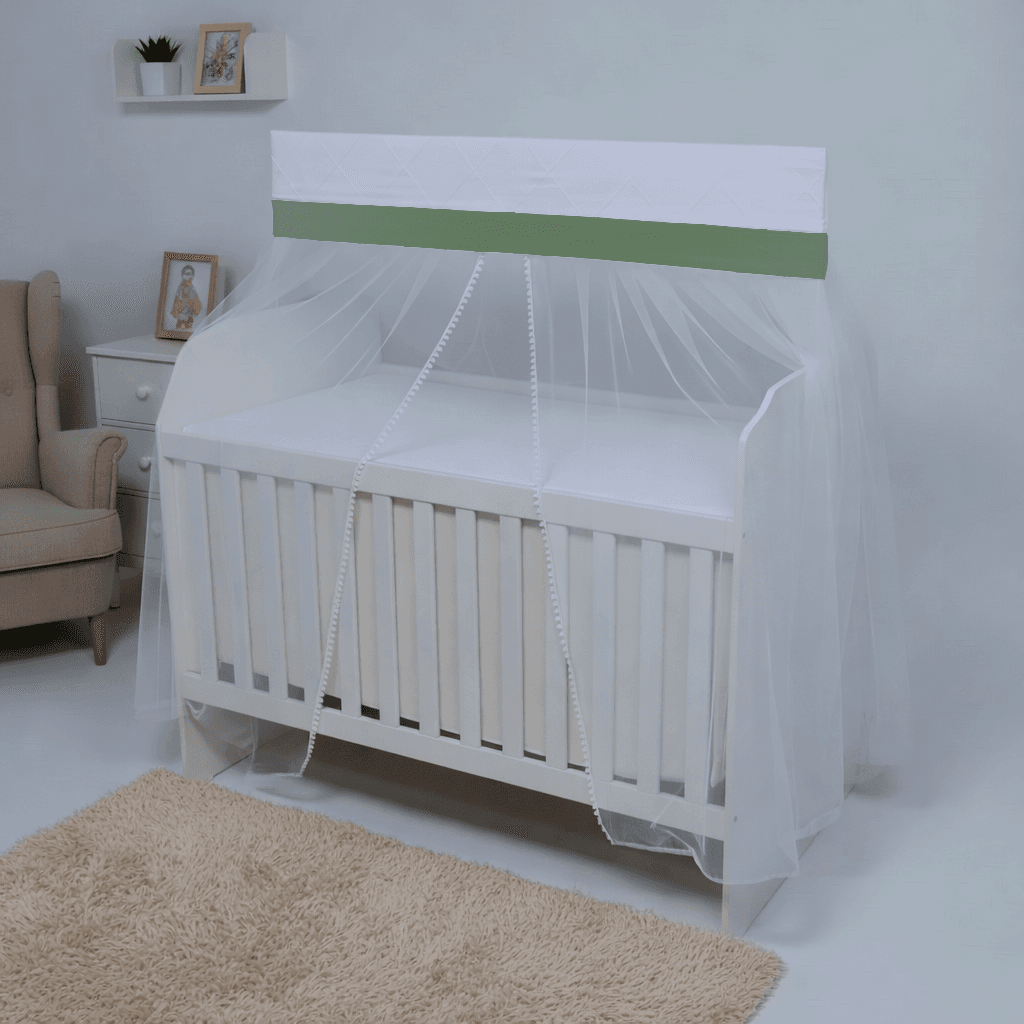 Mosquiteiro para Berço com Bandô 100% Algodão e Renda Pompom - Verde Oliva
