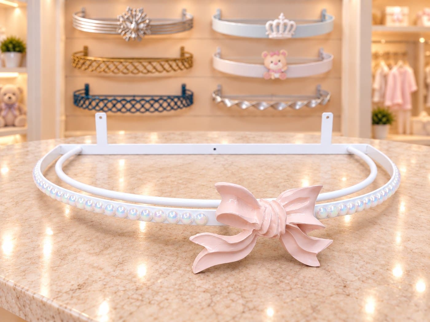 Dossel de Parede para Berço Liso Fino Pérolas Branco com Laço Rosa