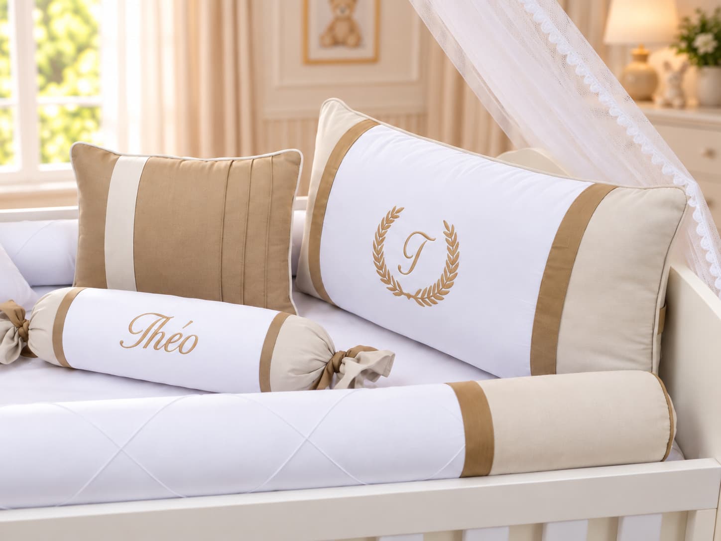 Kit Berço Menino 7 Peças Branco, Palha e Ocre — detalhe 1