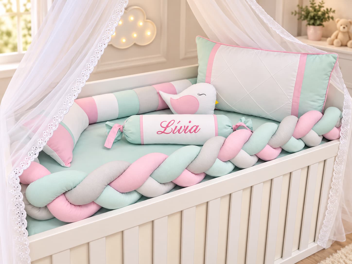 Kit Berço Trança Menina 6 Peças Personalizado 100% Algodão Rosa, Cinza, Verde Bebê e Branco