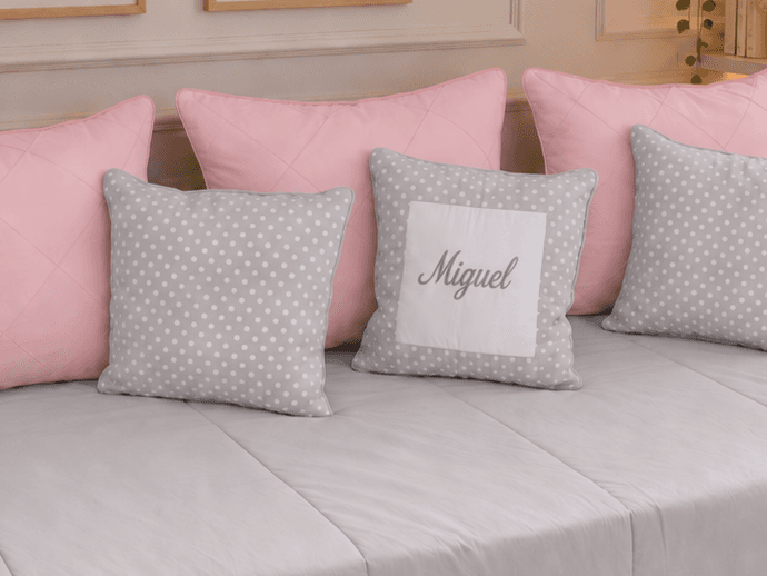 Kit Cama Babá 9 Peças Cinza Poá e Rosa Personalizado com Nome - detalhe 1