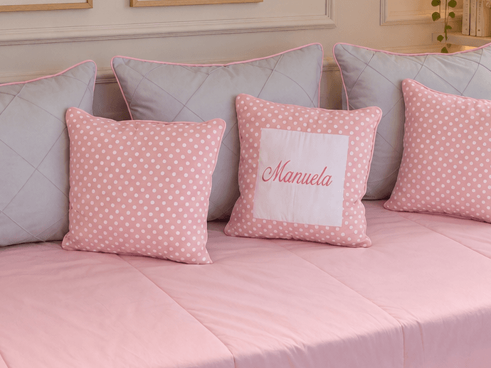 Kit Cama Babá 9 Peças Rosa e Cinza Poá Personalizado com Nome - detalhe 1