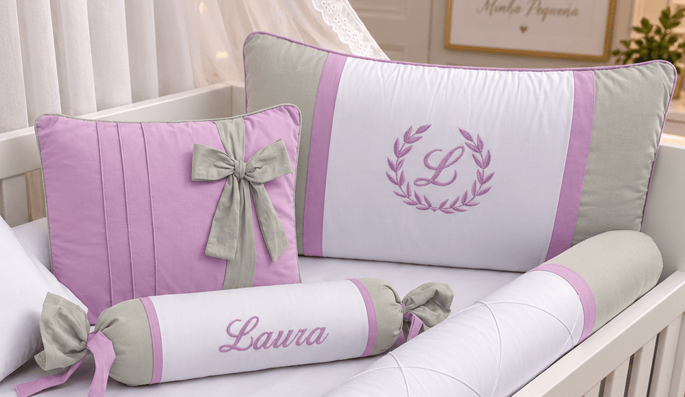 Kit Protetor de Berço Premium Personalizado com Nome - Lilás e Cinza - almofadas