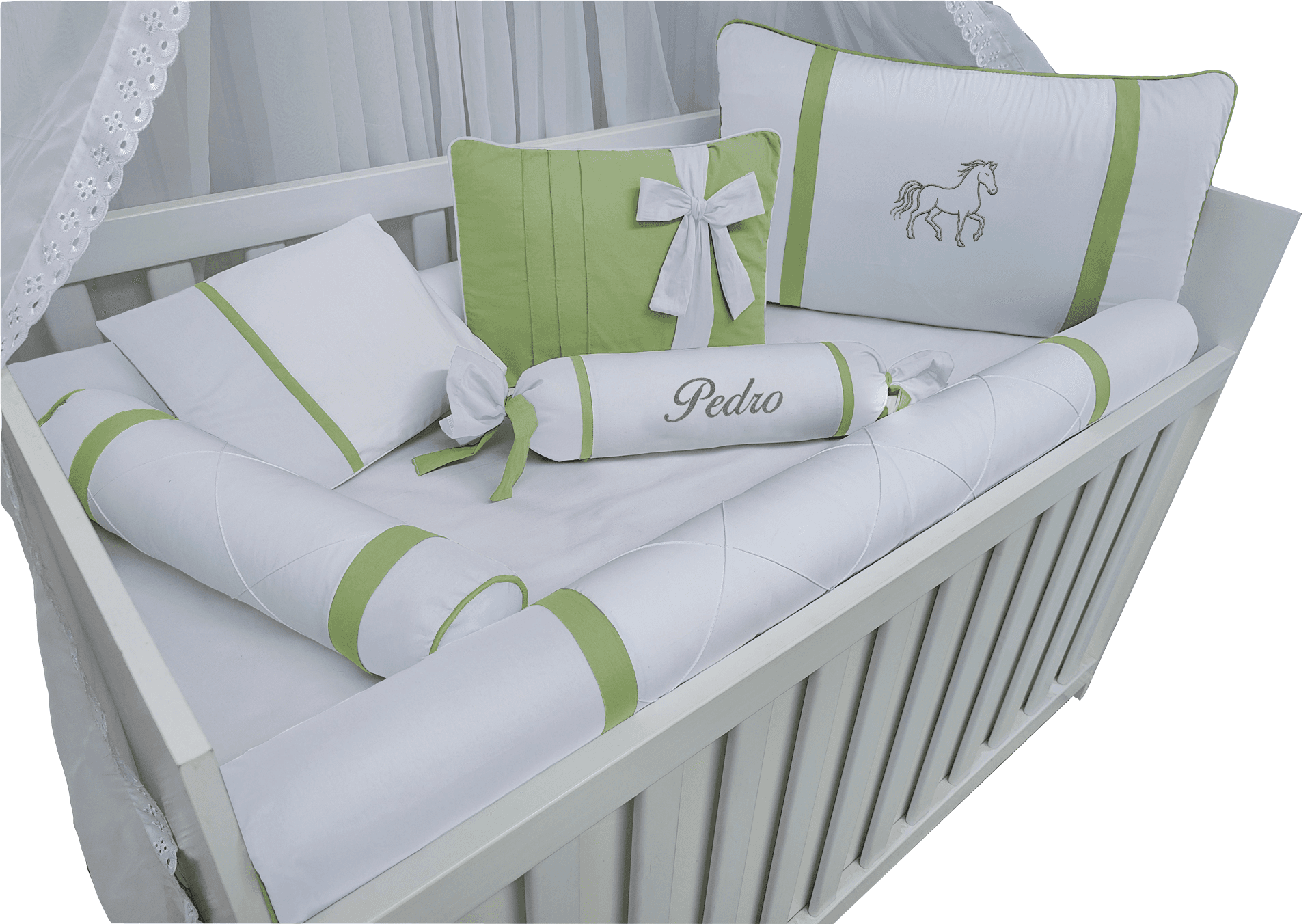 Kit Berço Verde Menta e branco, detalhe do conjunto