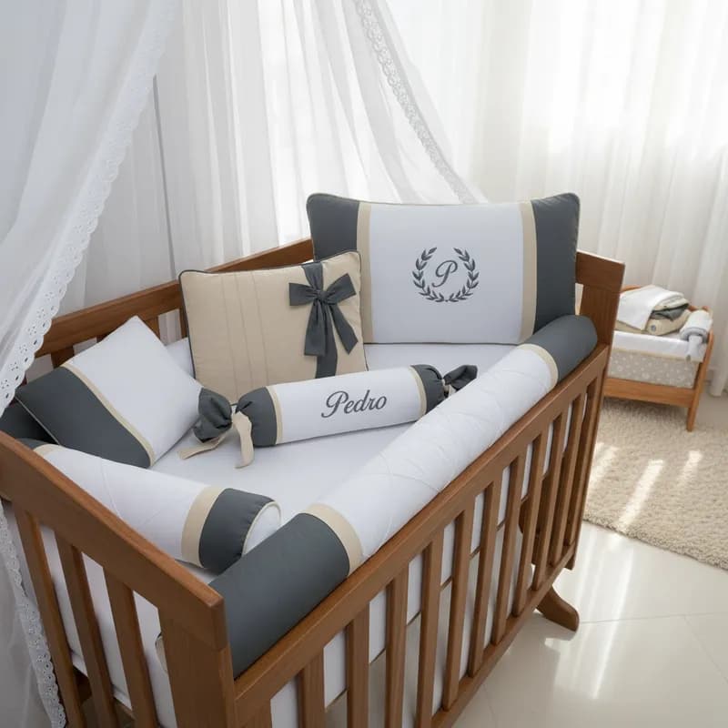 Kit Berço Chumbo e Palha Personalizado 8 Peças ambientado no quarto do bebê