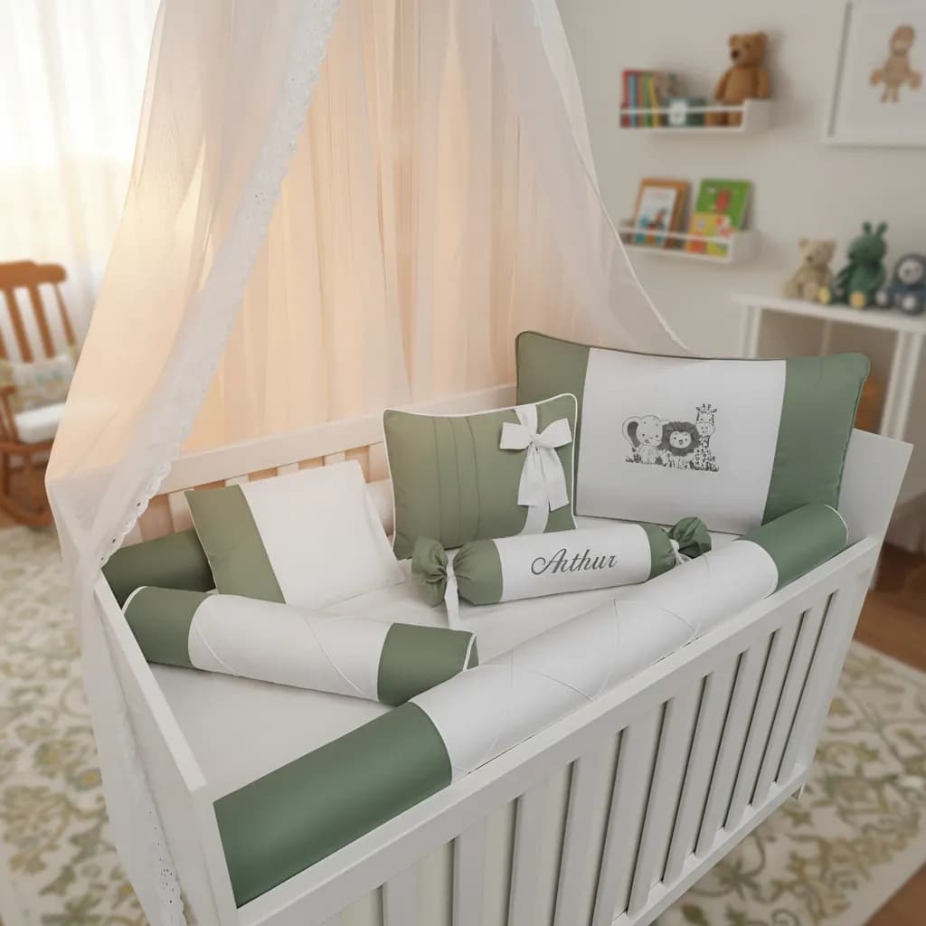 Kit Berço Verde Sálvia Safari Personalizado 8 Peças ambientado no quarto do bebê