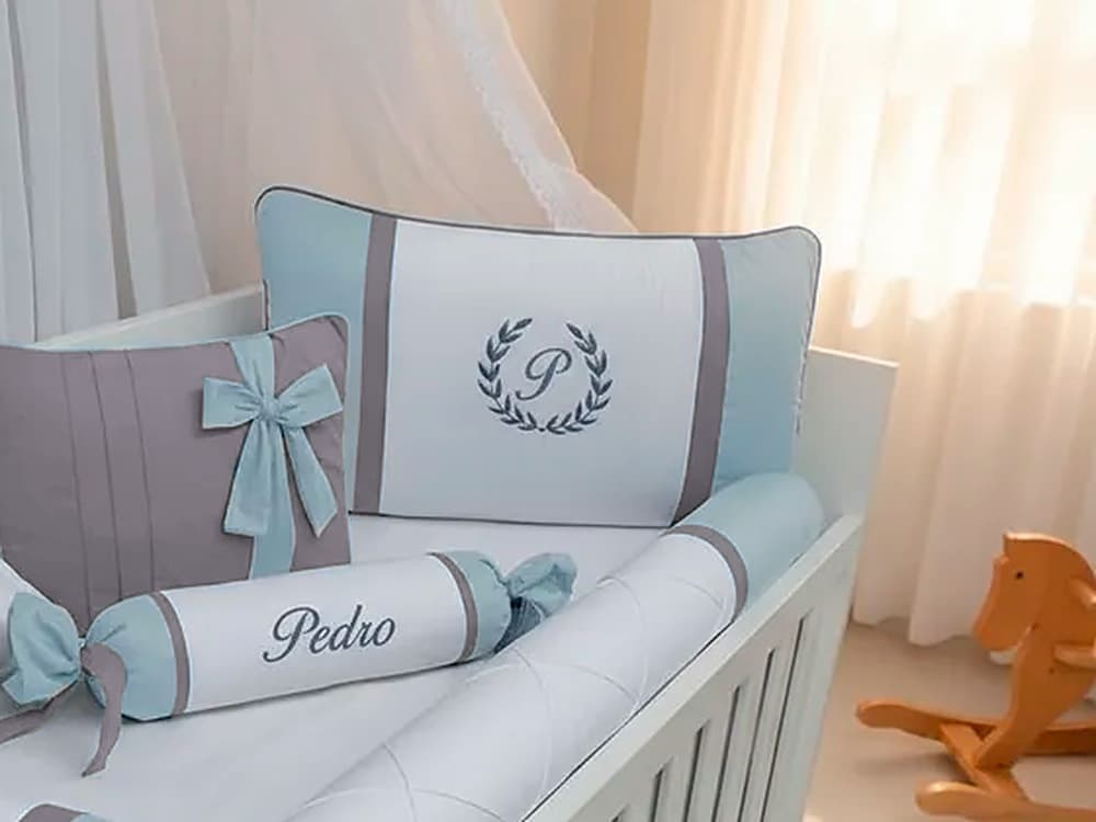 Kit Berço Azul Bebê e Cinza Personalizado 7 Peças — detalhe 1