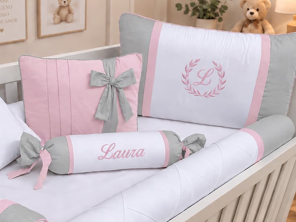 Kit Berço Menina 100% Algodão Cinza com Rosa — detalhe 1