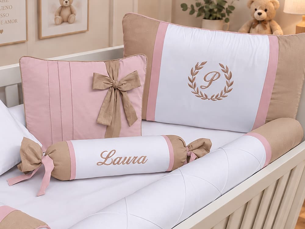 Kit Berço Menina 100% Algodão Ocre com Rosa — detalhe 1