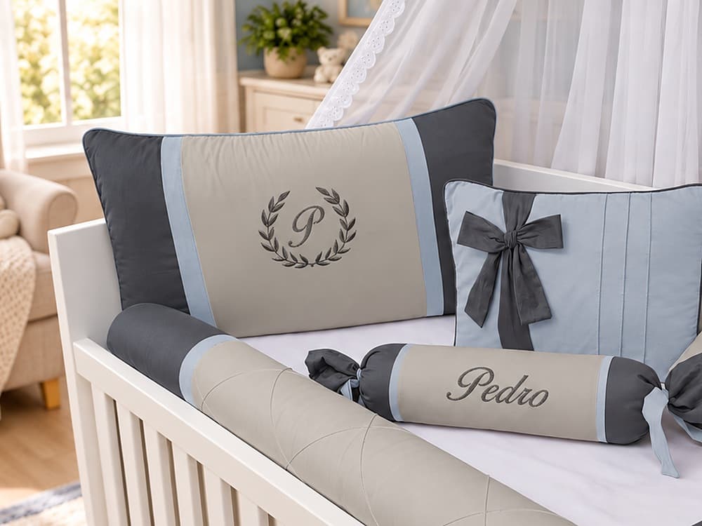 Kit Berço Menino 100% Algodão Chumbo com Azul Bebê — detalhe 1