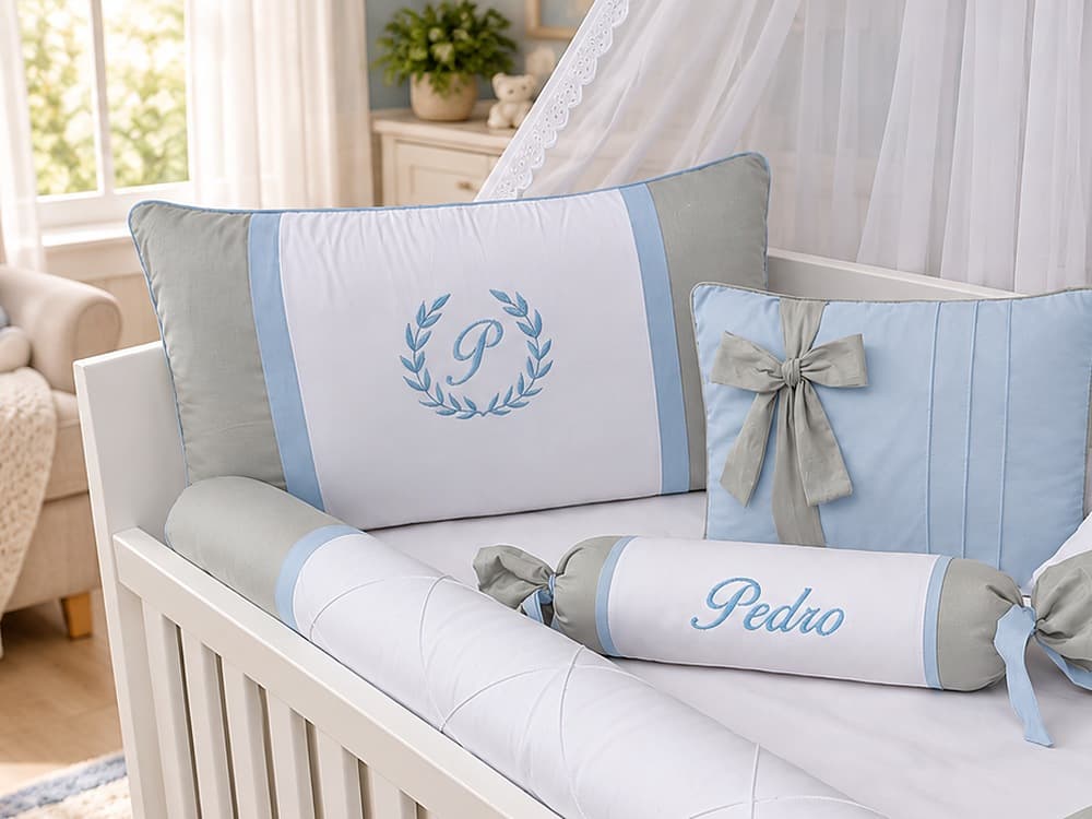 Kit Berço Menino 100% Algodão Cinza com Azul Bebê — detalhe 1