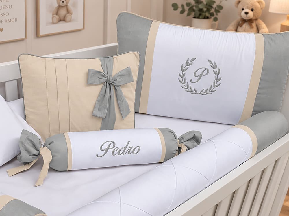 Kit Berço Menino 100% Algodão Cinza com Palha — detalhe 1