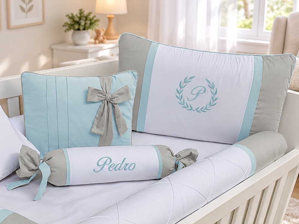 Kit Berço Menino 100% Algodão Cinza com Verde Bebê — detalhe 1