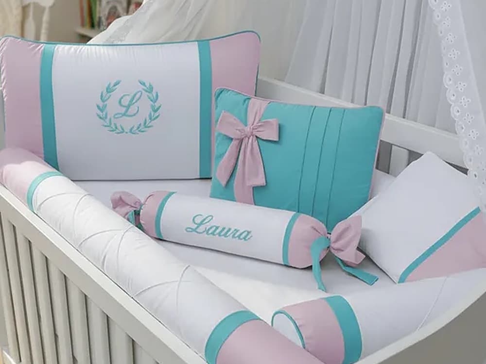 Kit Berço Rosa e Tiffany Personalizado 7 Peças — detalhe 1