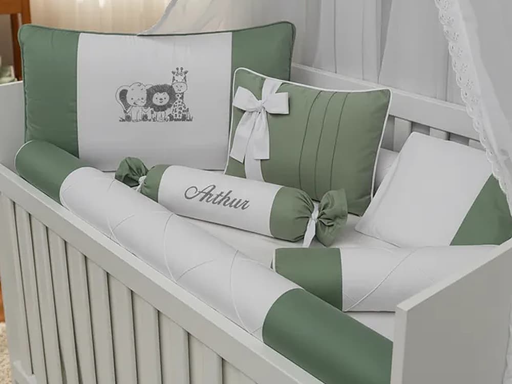 Kit Berço Verde Sálvia Safari Personalizado 7 Peças — detalhe 1