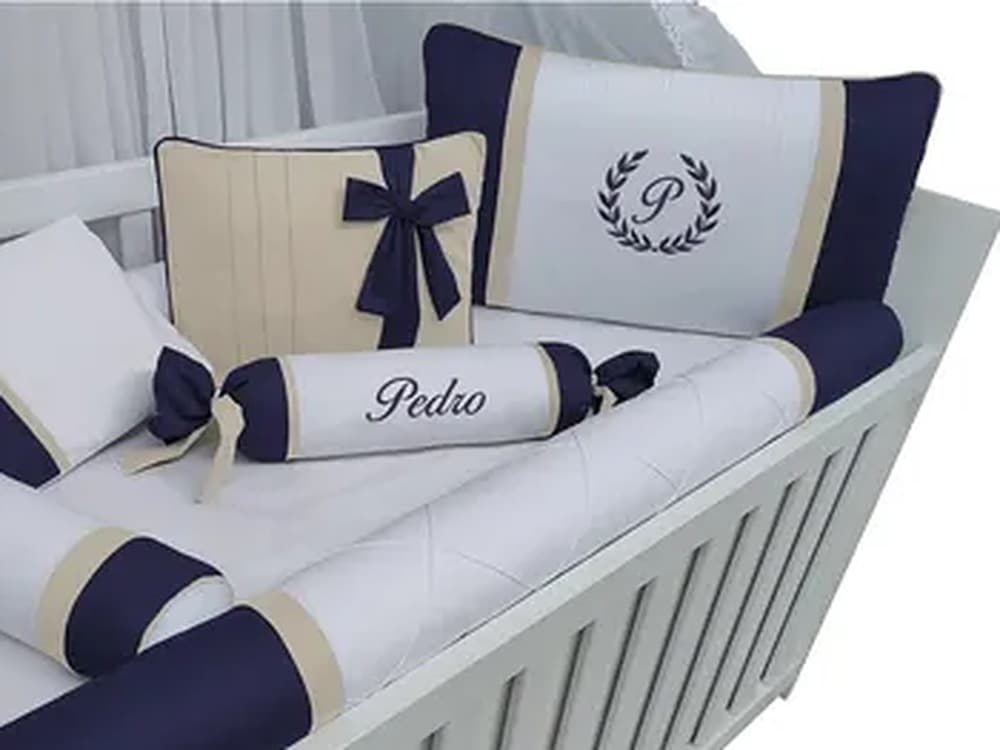 Protetor De Berço Azul Marinho E Palha Bordado — detalhe 1