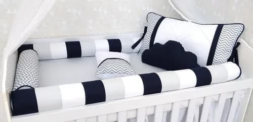 Kit Berço Rolinho Americano Marinho, Cinza e Branco Marinho, Cinza e Branco