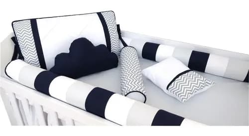 Kit Berço Rolinho Americano Marinho, Cinza e Branco Marinho, Cinza e Branco