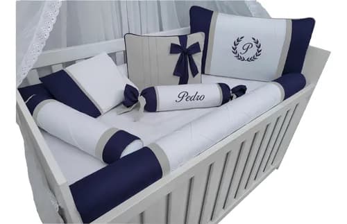 Kit Protetor De Berço Azul Marinho E Cinza Bordado Azul Marinho e Cinza