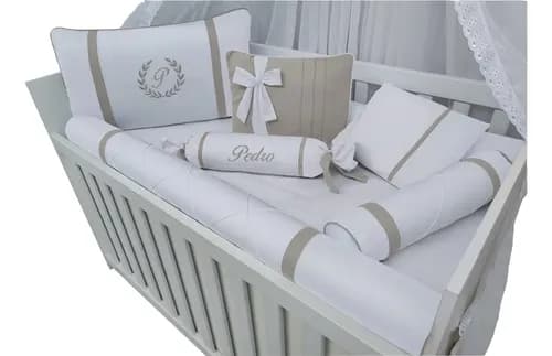 Kit Protetor De Berço Rolinho Cinza E Branco Cinza e Branco