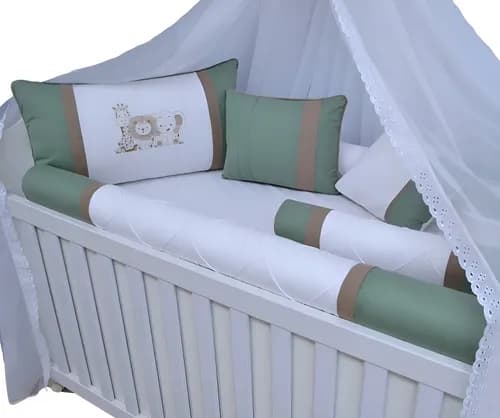 Kit Protetor De Berço Verde Oliva Trança Safari Bordado Verde Oliva, Ocre e Branco