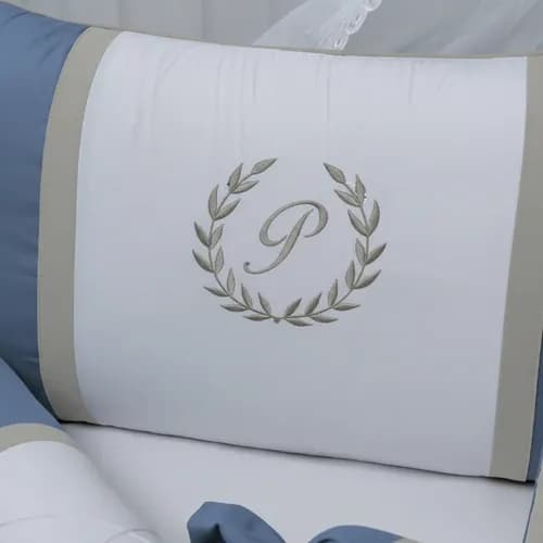 Protetor De Berço Azul Jeans E Cinza Bordado Azul Jeans e Cinza