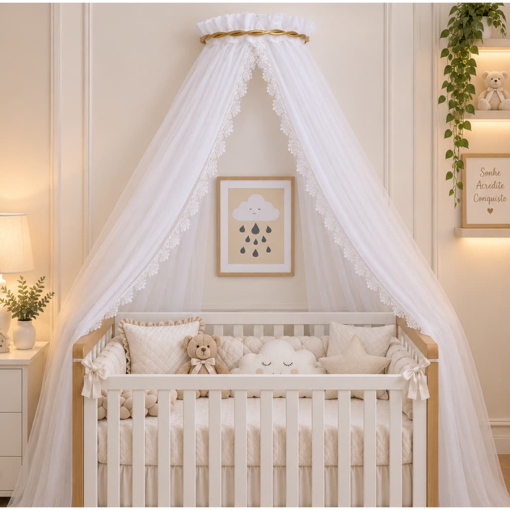 Dossel com Cortinado Voil Renda Guipir Luxo