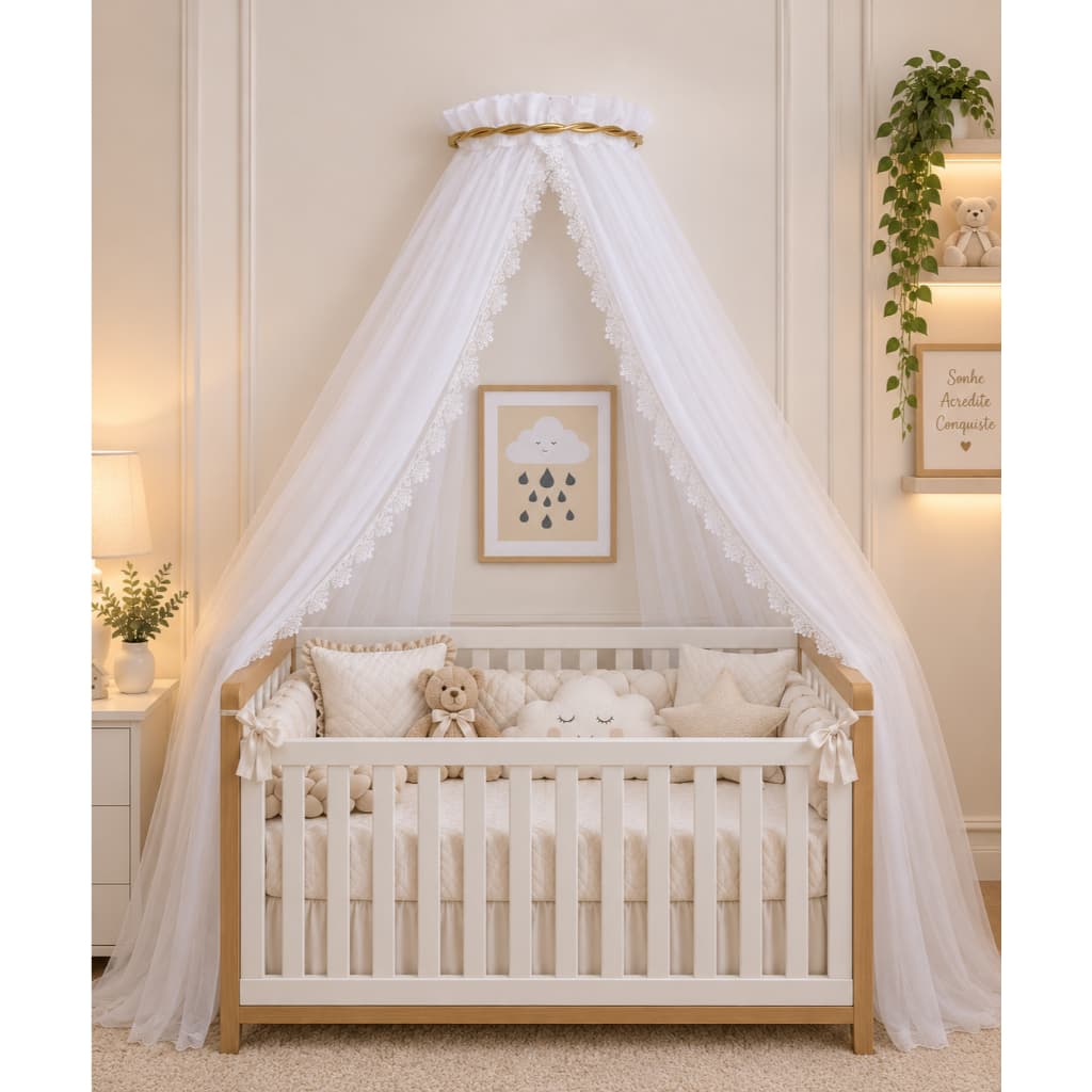 Dossel com Cortinado Voil Renda Guipir Luxo