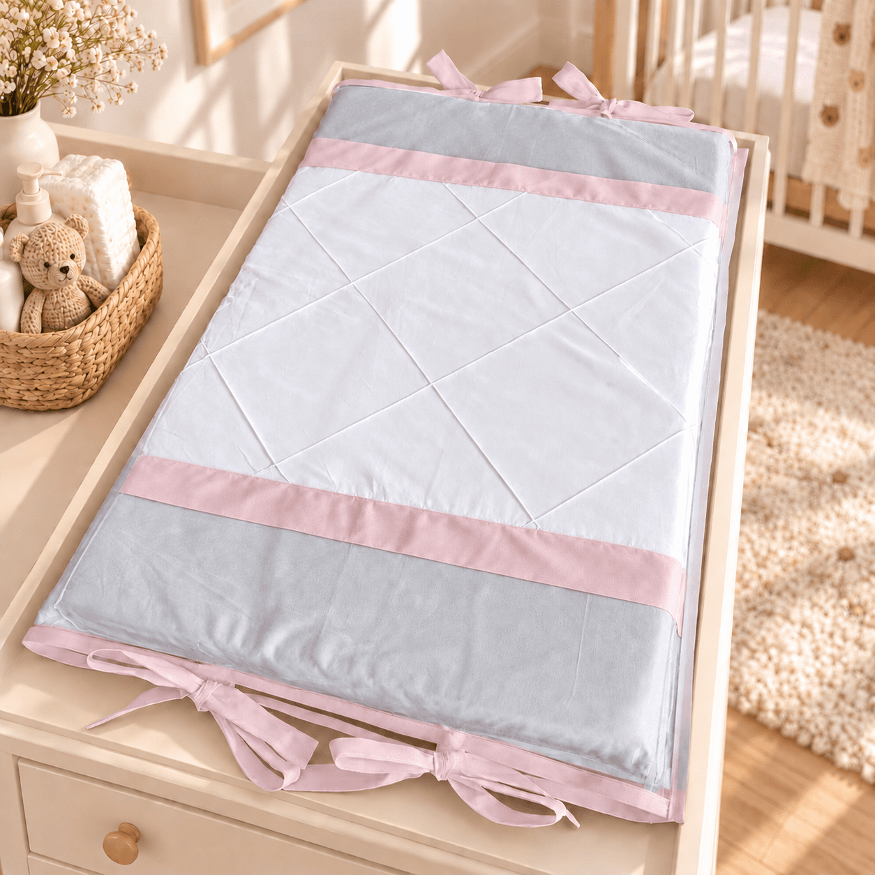 Trocador de Bebê Reto Cinza com Rosa