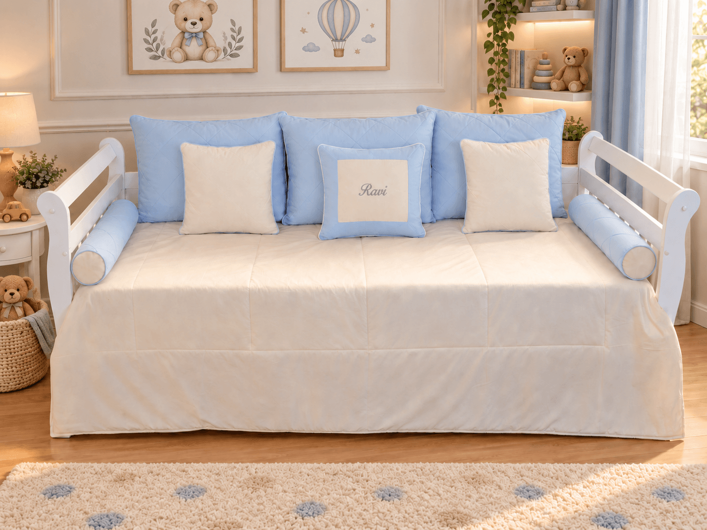 Kit Cama Babá 9 Peças Azul e Palha Personalizado com Nome
