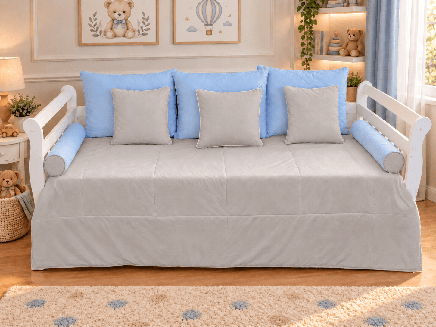 Kit Cama Babá 9 Peças Cinza e Azul