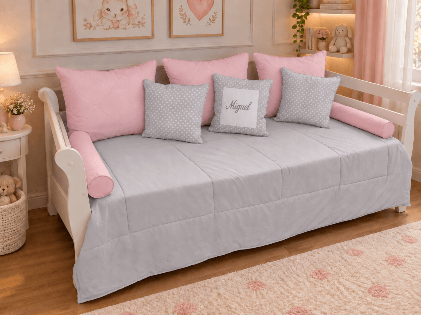 Kit Cama Babá 9 Peças Cinza Poá e Rosa Personalizado com Nome