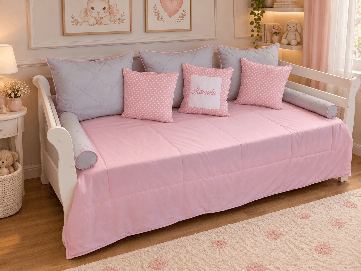 Kit Cama Babá 9 Peças Rosa e Cinza Poá Personalizado com Nome