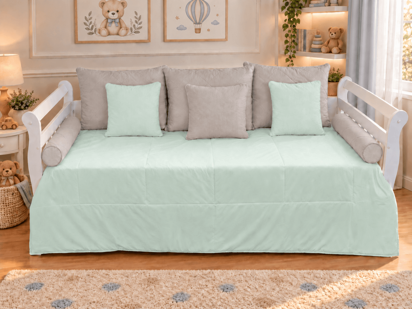Kit Cama Babá 9 Peças Verde Malva e Cinza