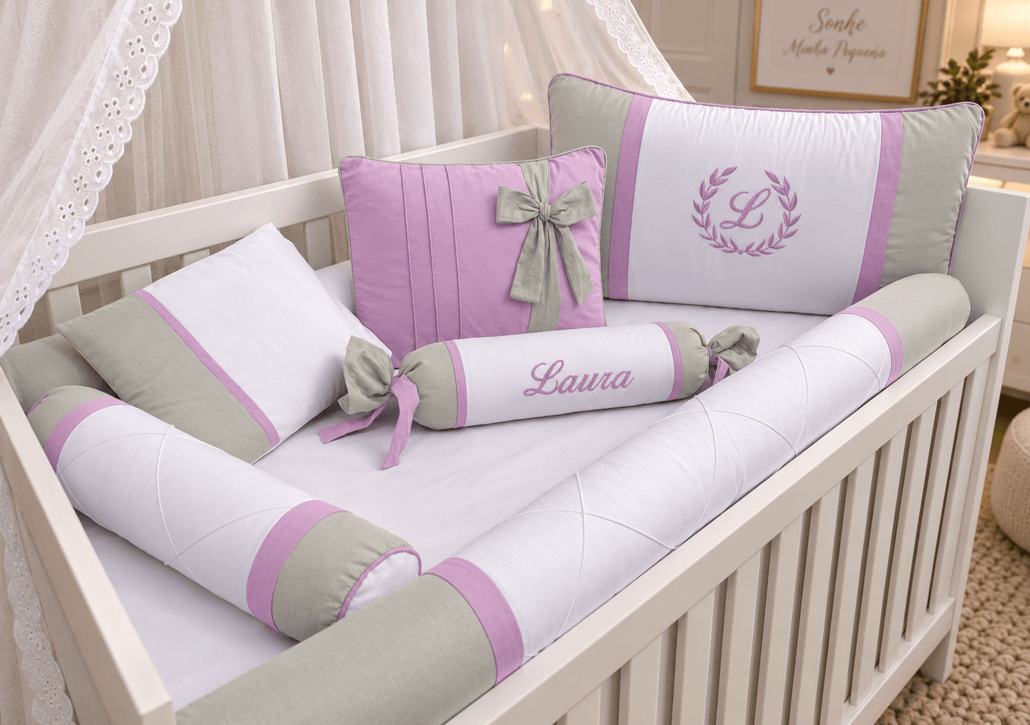 Kit Berço Menina 7 Peças 100% Algodão Cinza e Lilás