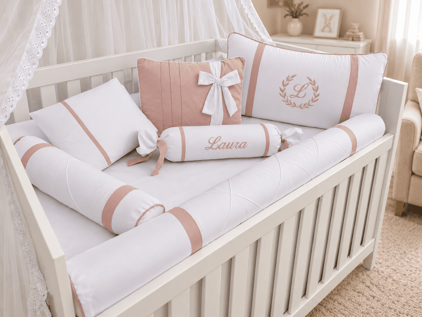 Kit Berço Menina 7 Peças 100% Algodão Rosé