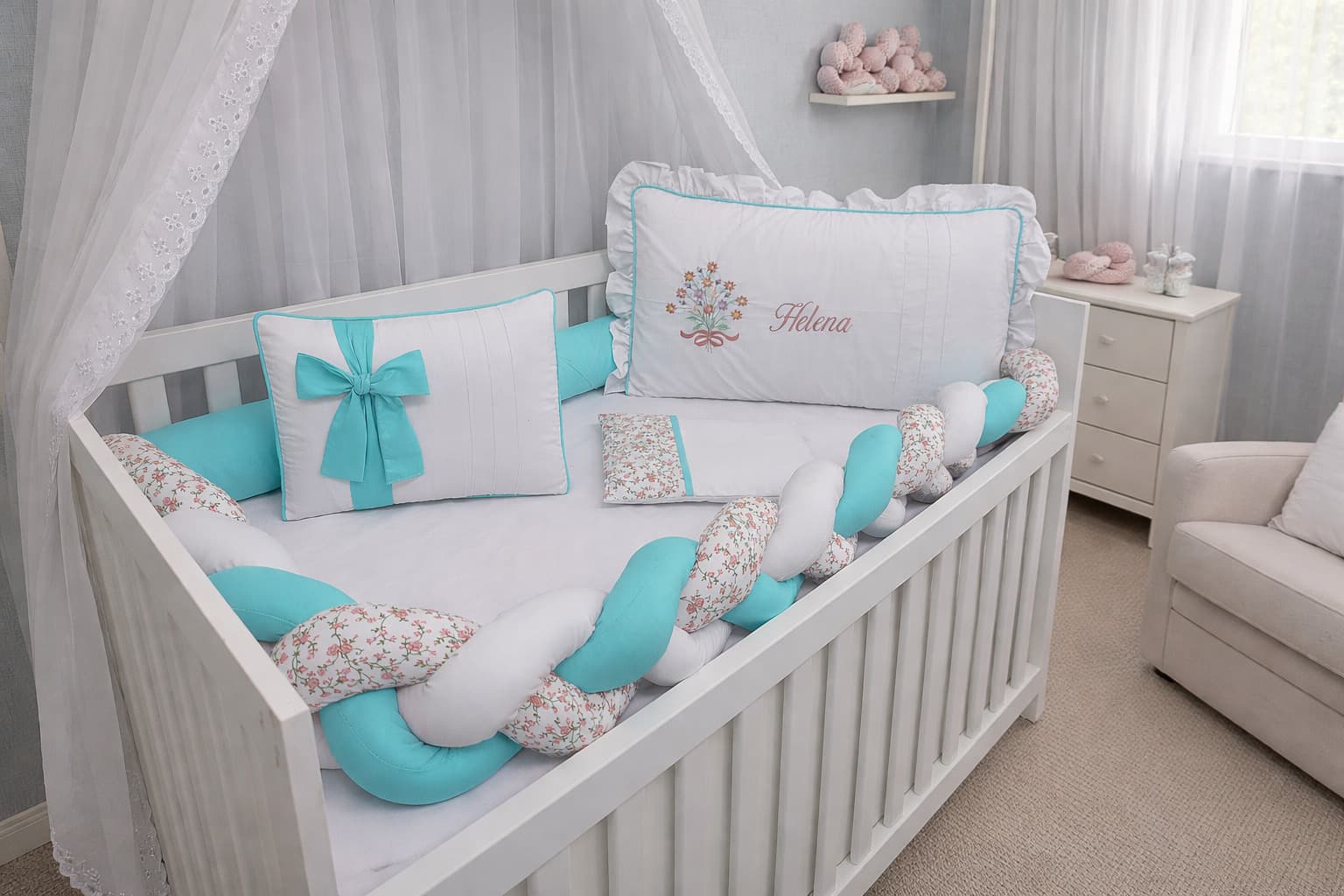 Kit Berço Menina Trança Floral 5 Peças 100% Algodão