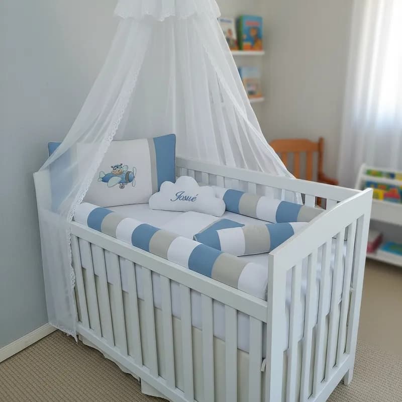 Kit Berço Menino Aviador 7 Peças 100% Algodão Azul Bebê e Palha
