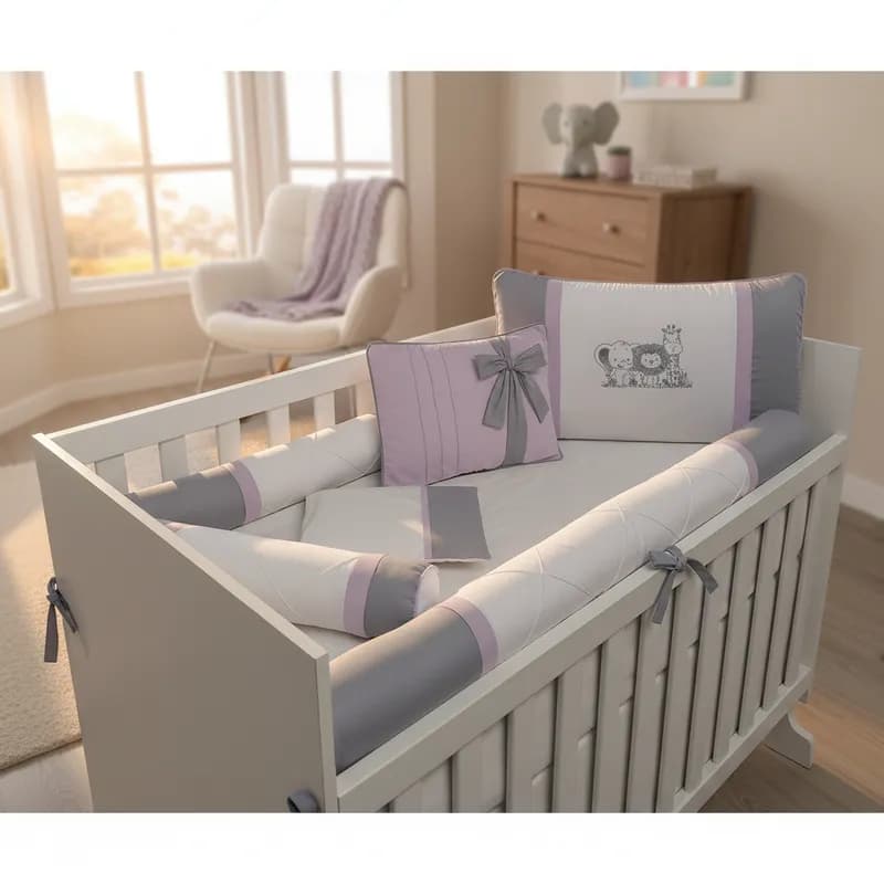 Kit Berço Menina Safari 7 Peças 100% Algodão Cinza e Lilás