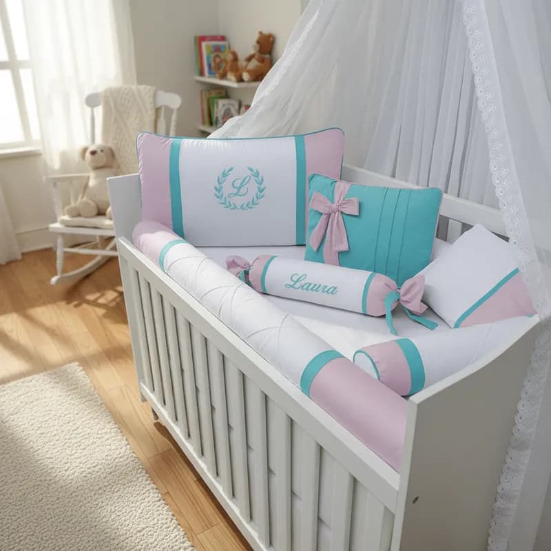 Kit Berço Menina 7 Peças 100% Algodão Rosa e Tiffany
