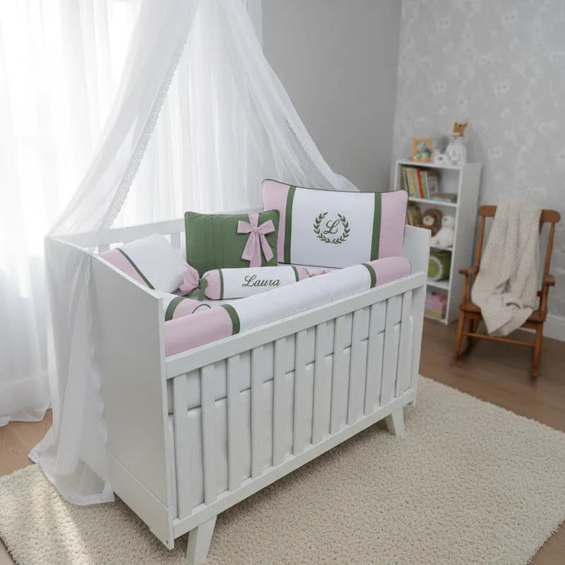 Kit Berço Menina 7 Peças 100% Algodão Rosa e Verde Oliva