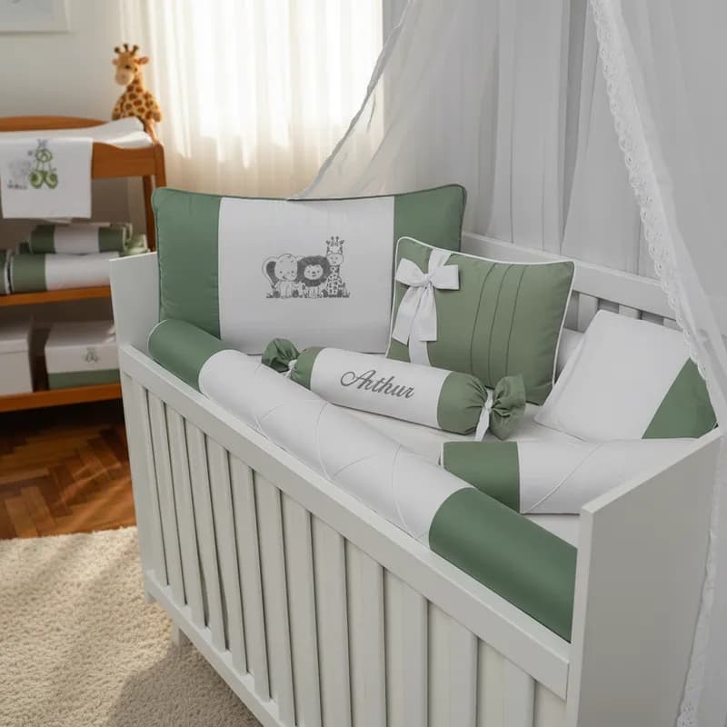 Kit Berço Menino Safari 7 Peças 100% Algodão Verde Oliva