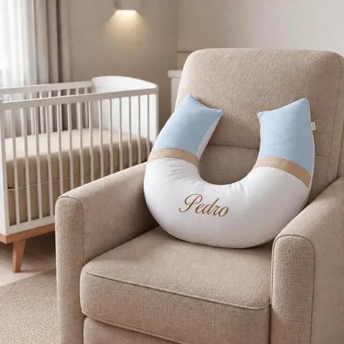 Almofada de Amamentação Grande 100% Algodão Azul, Ocre e Branco Personalizada