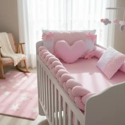 Kit Berço Menina Trança 5 Peças 100% Algodão Rosa