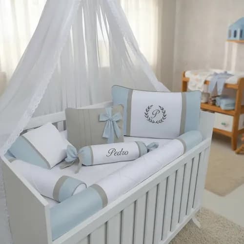 Kit Berço Menino 7 Peças 100% Algodão Azul Bebê e Cinza