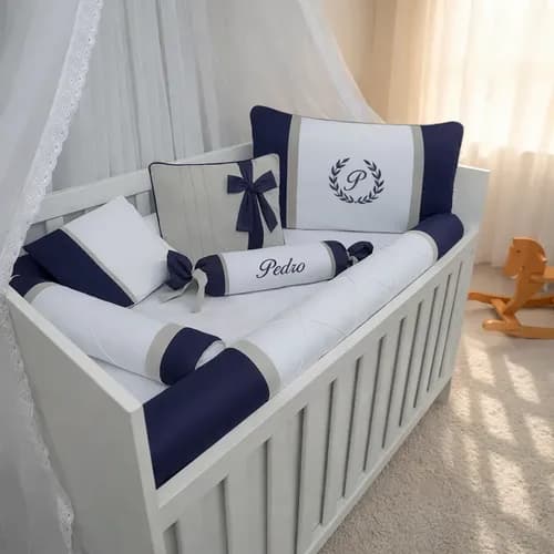 Kit Berço Menino 7 Peças 100% Algodão Azul Marinho e Cinza