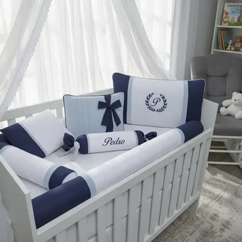 Kit Berço Menino 7 Peças 100% Algodão Azul Marinho e Azul Bebê