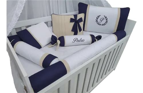 Kit Berço Menino 7 Peças 100% Algodão Azul Marinho e Palha