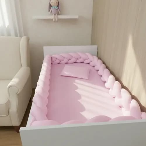 Kit Berço Menina Trança 3 Peças 100% Algodão Rosa