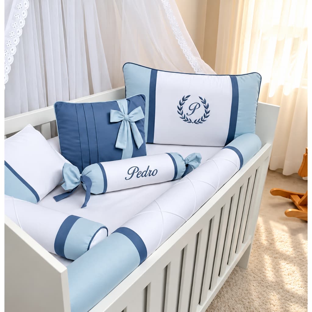 Kit Berço Menino Rolinho 7 Peças 100% Algodão Azul Bebê e Jeans